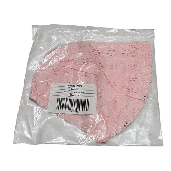 Janie & Jack Eyelet Cut Out Ruffle Hem Bonnet with Strap Sz 12-18 Months Pink - Picture 5 of 5